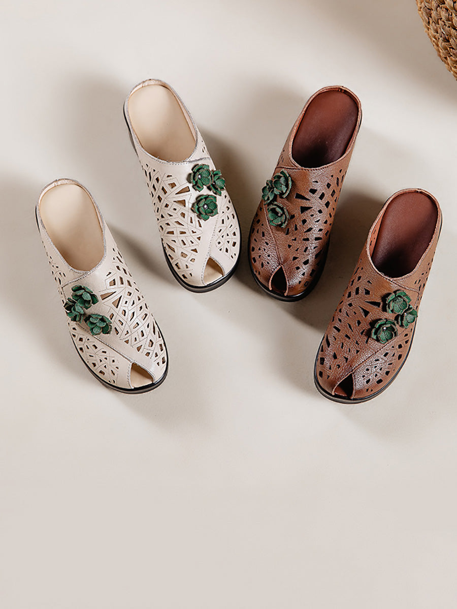 Women Summer Hollow Out Leather Platform Slippers