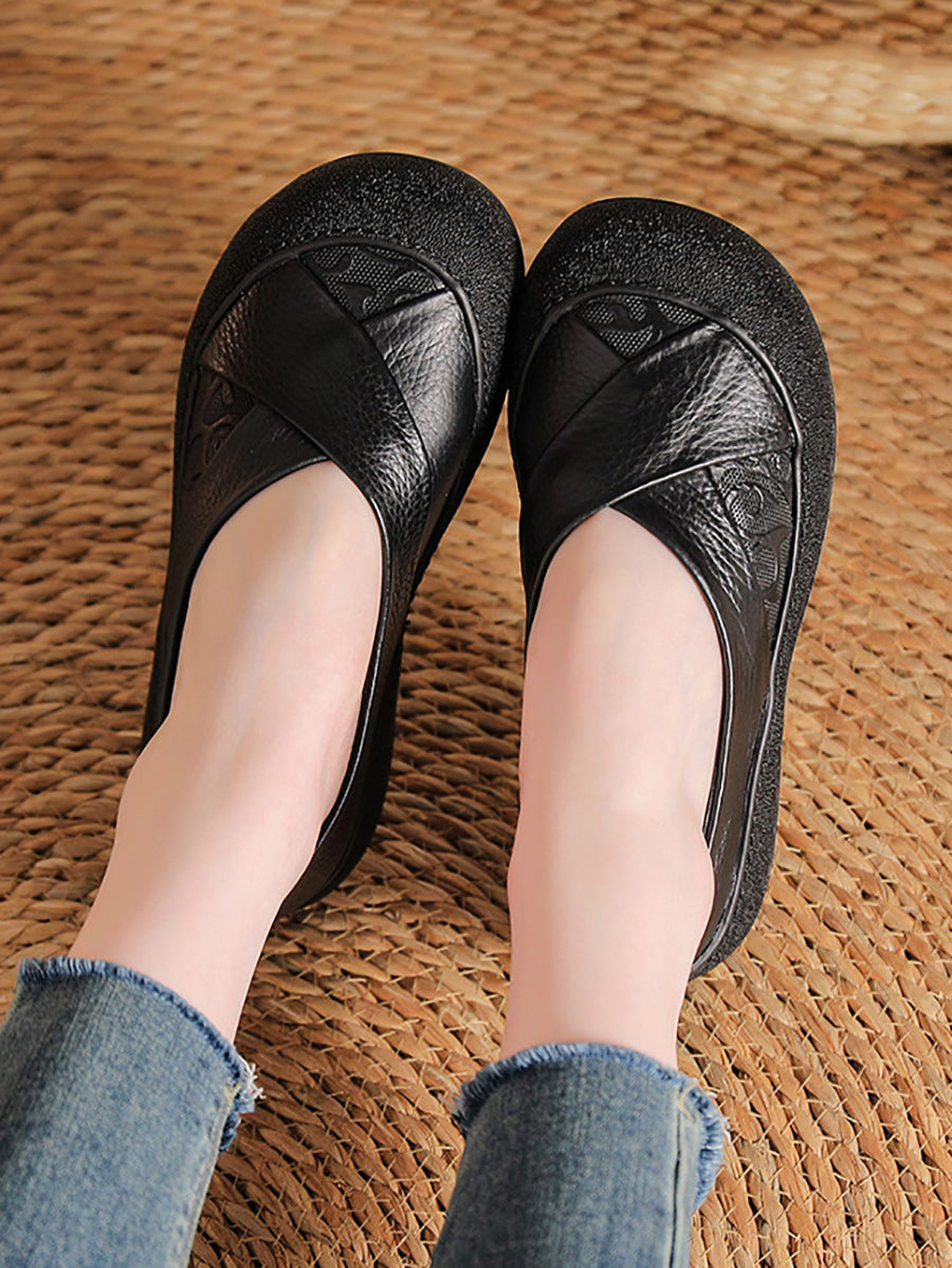 Women Summer Genuine Leather Spliced Flat Shoes