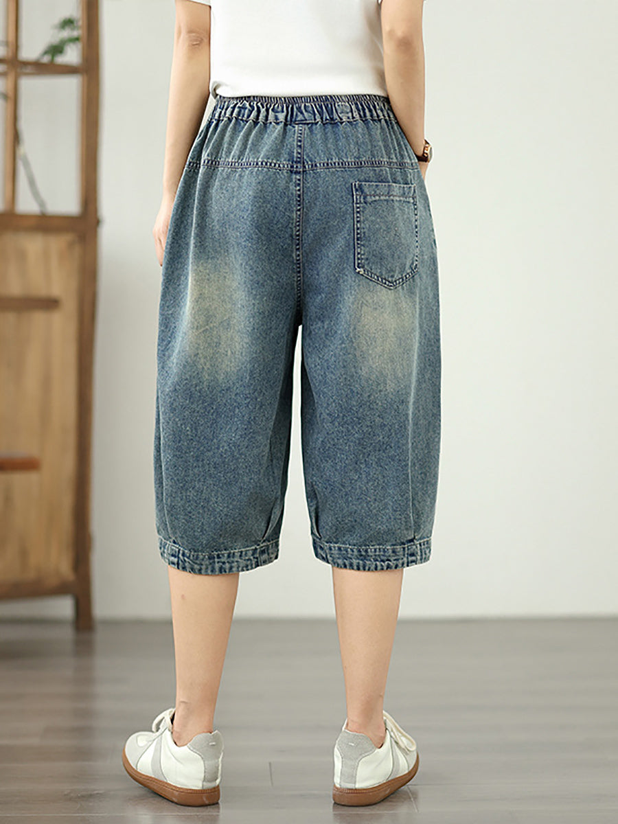 Women Retro Flower Embroidery Patchwork Denim Fifth Pants