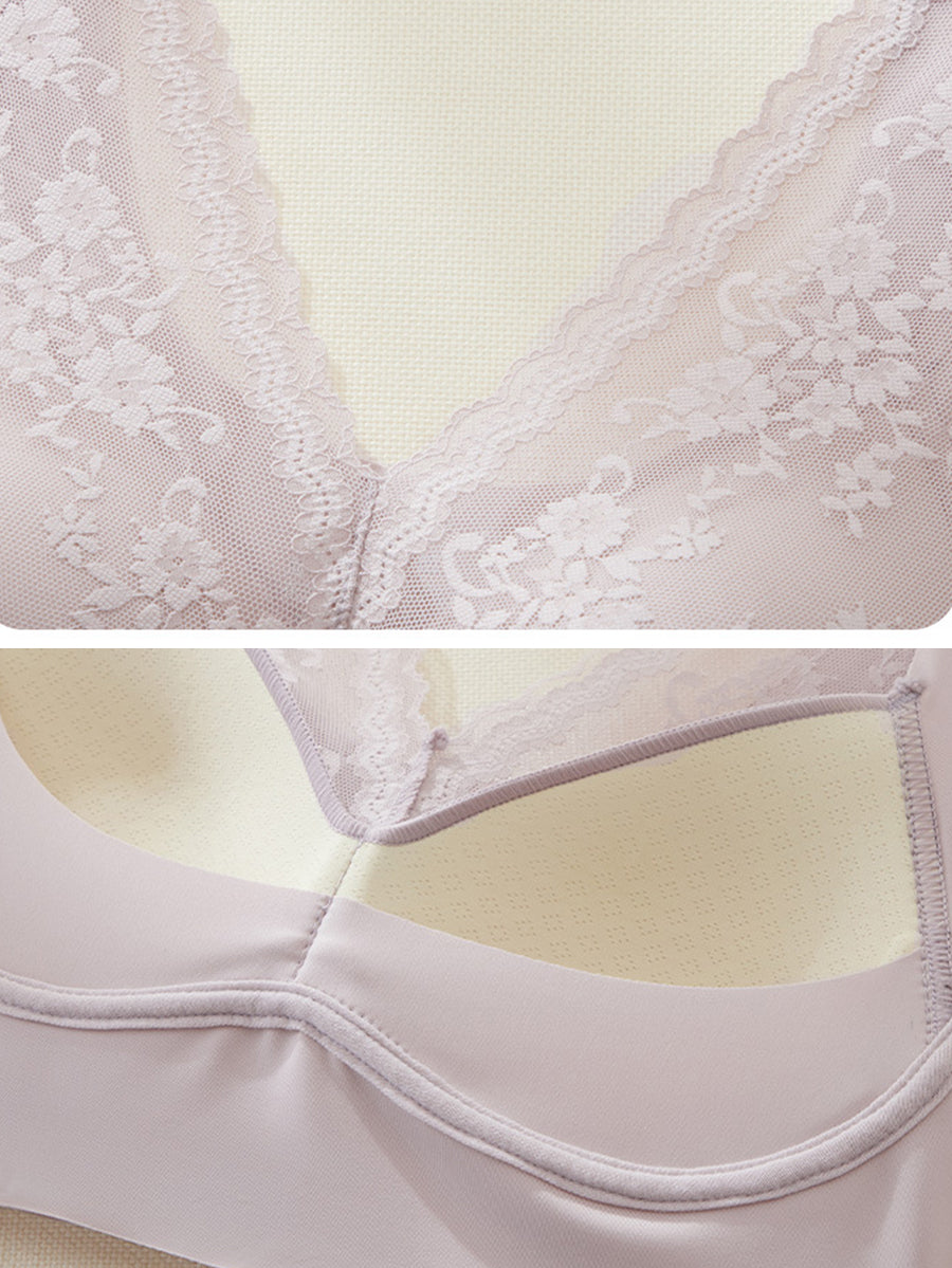 Women Artsy Pure Color Lace Satin Seamless Bra