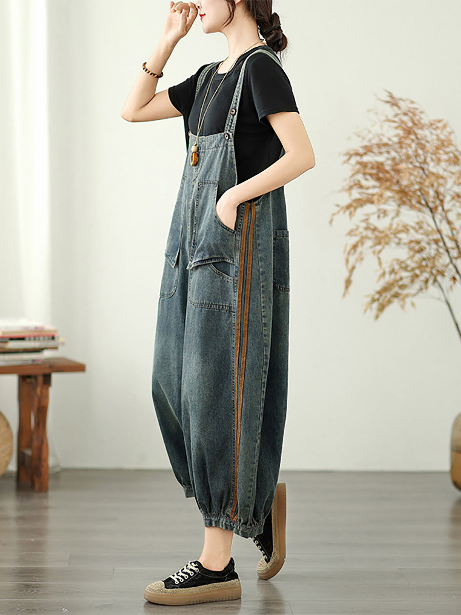 Women Summer Worn Stripe Denim Loose Jumpsuits