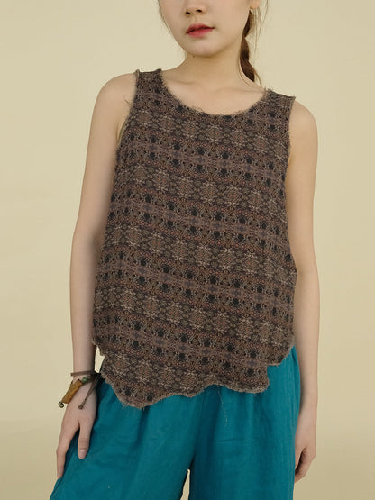 Women Retro Worn Irregular Hem Geometric Vest
