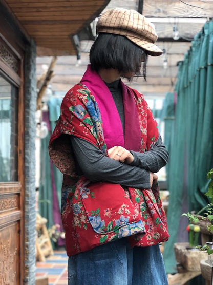 Women Vintage Floral Spliced V-neck Vest Coat