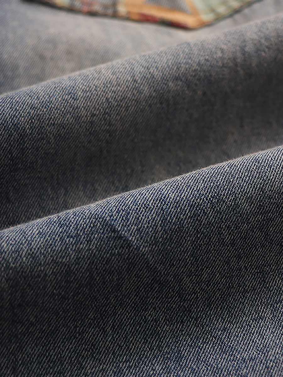 Women Summer Retro Embroidery Spliced Burrs Denim Pants