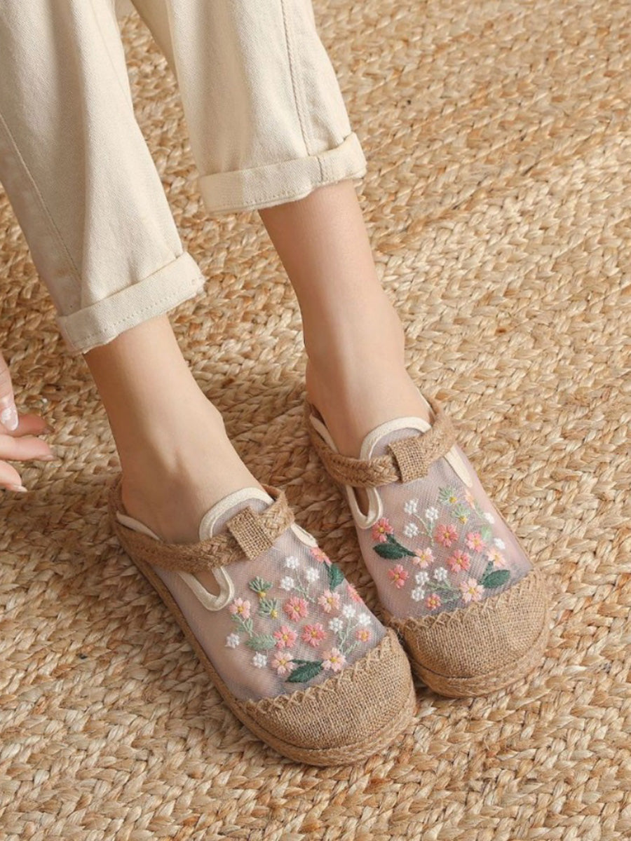Women Ethnic Summer Flower Embroidery Cloth Flat Slippers