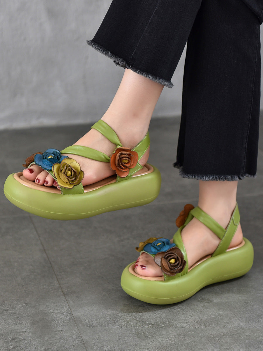 Women Vintage Leather FLower Platform Sandals
