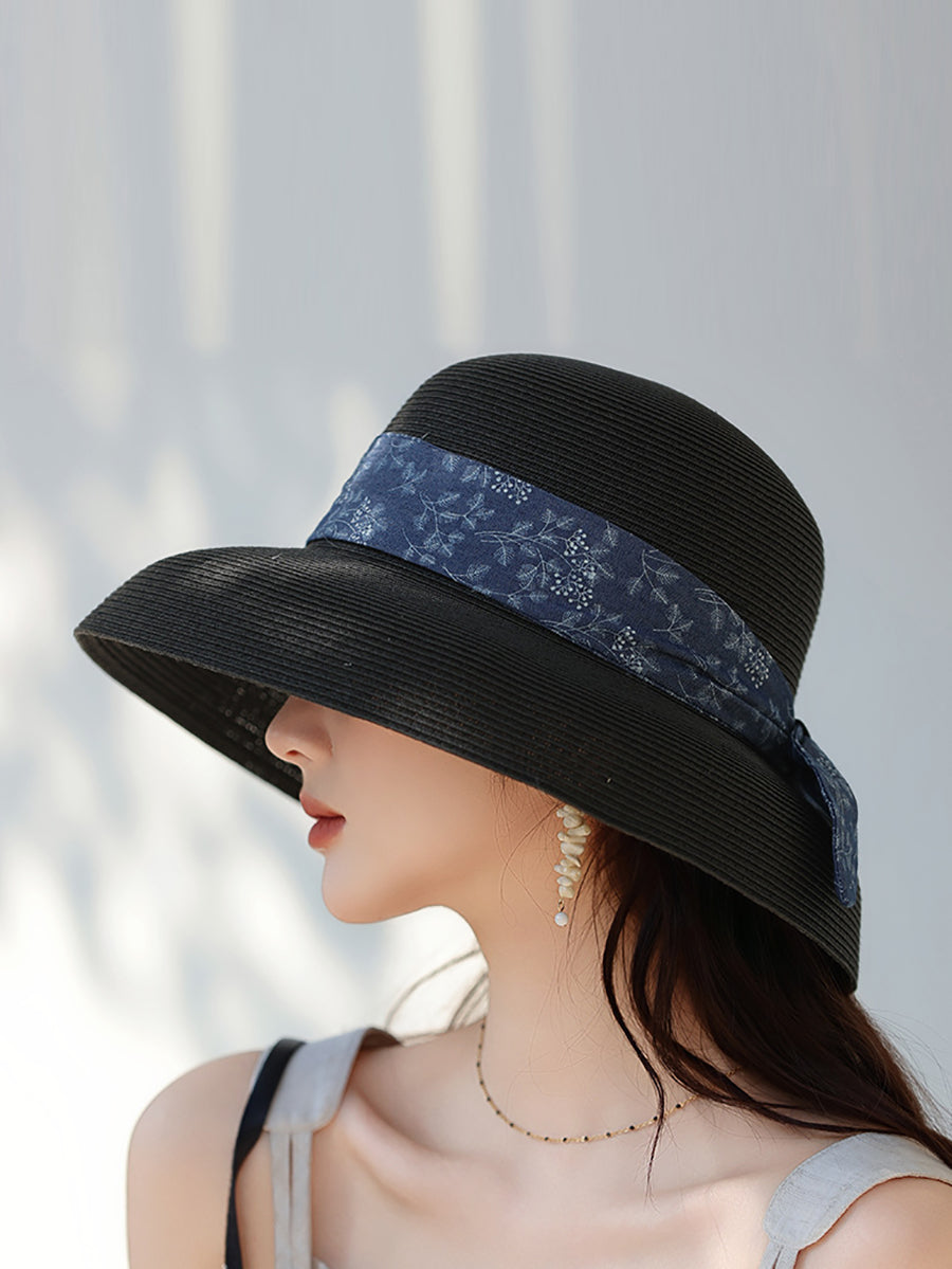 Women Summer Straw Lacing Bucket Hat