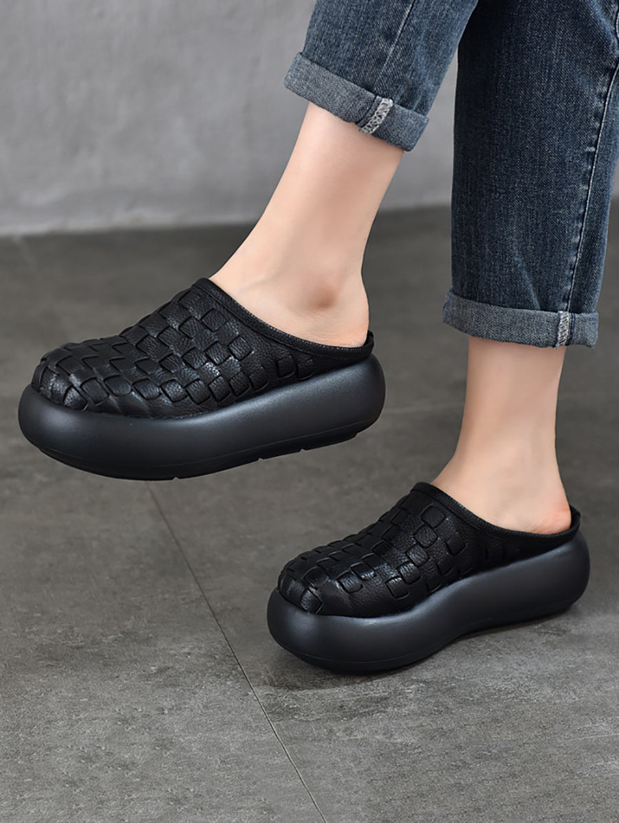 Women Genuine Leather Weave Platform Slippers