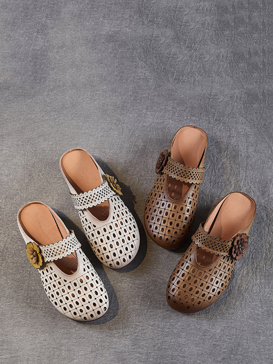 Women Casual Genuine Leather Flower Low Heel Slippers