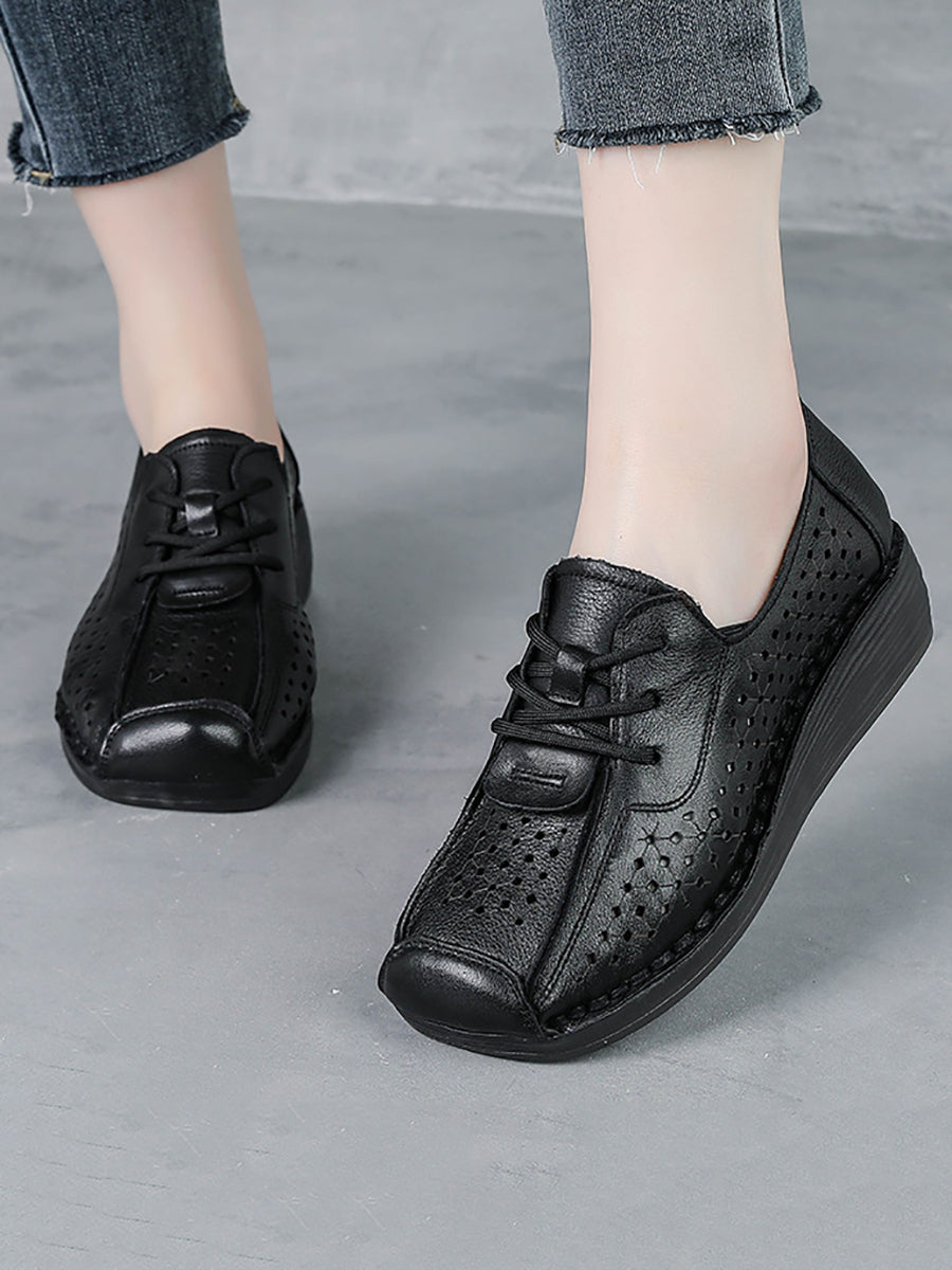 Women Vintage Genuine Leather Hollow Out Platform Shoes