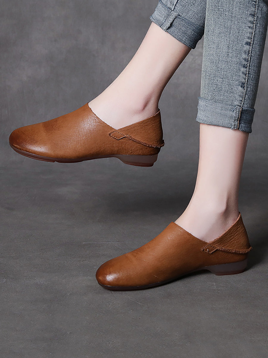 Women Retro Soft Leather Spliced Solid Low-Heel Shoes