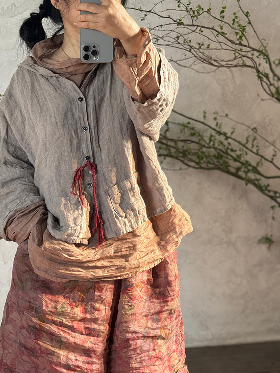 Plus Size Women Summer Vintage Linen Solid Button-up Hooded Shirt