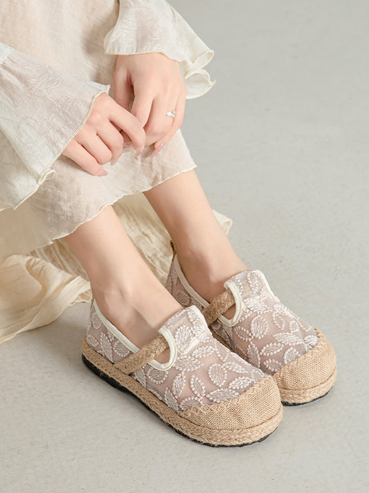 Women Summer Ethnic Linen Flower Embroidery Flat Shoes