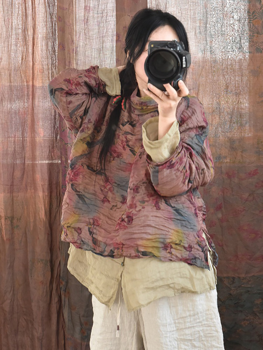 Women Vintage Spring Floral Pie Collar Ramie Shirt