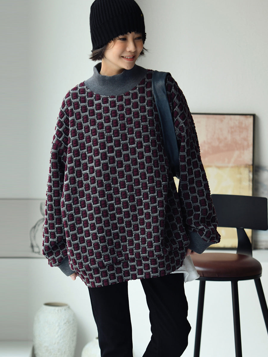 Women Artsy Plaid Fleece-lined Half-Turtleneck Blouse