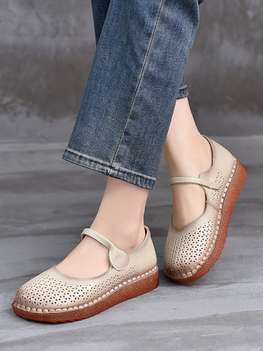 Women Ethnic Genuine Leather Hollow Out Low Heel Shoes