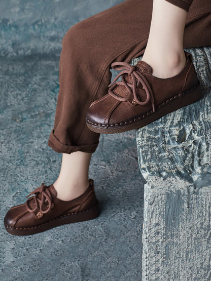 Women Ethnic Vintage Leather Spliced Low Heel Shoes