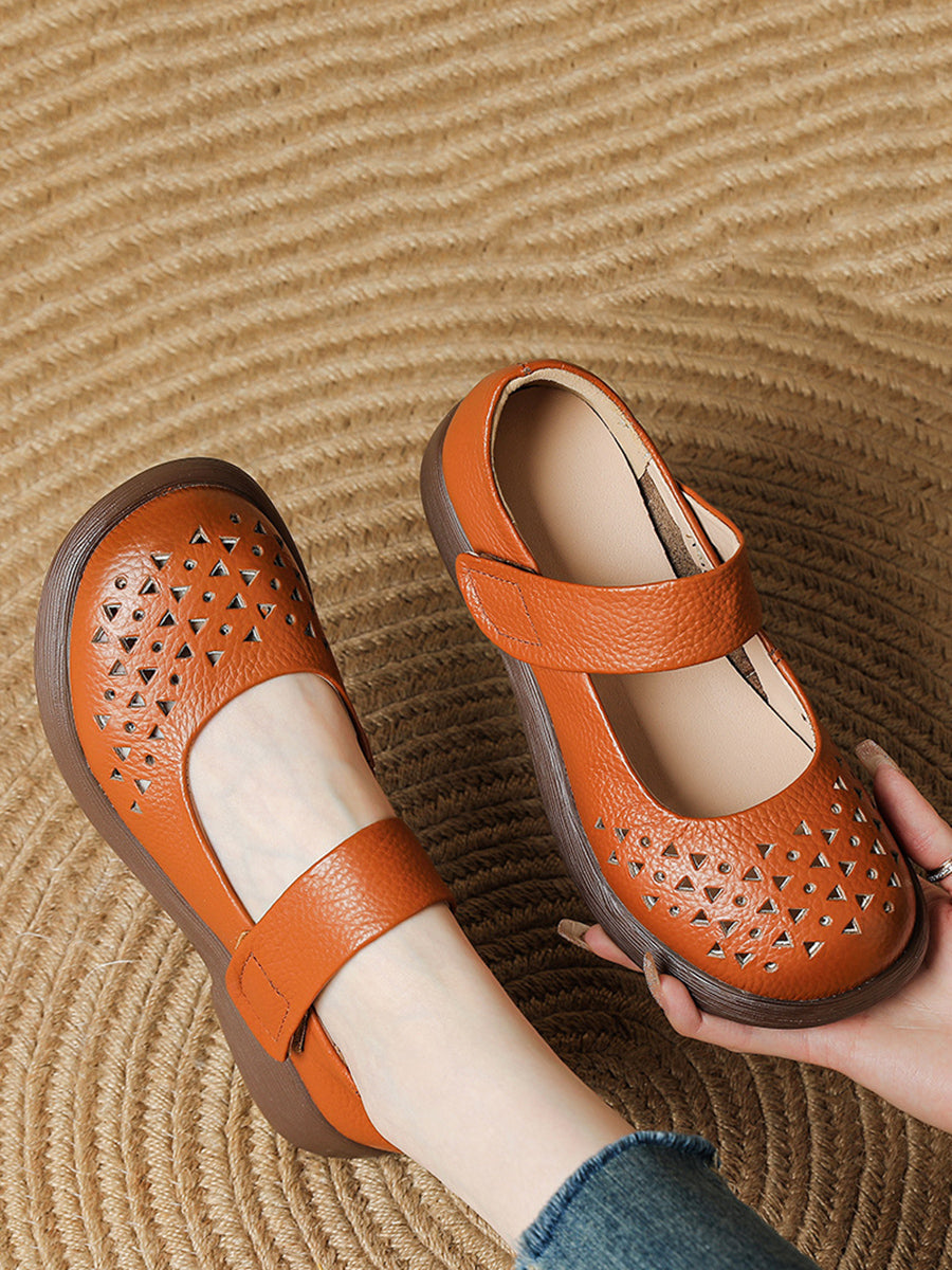 Women Vintage Summer Leather Hollow Out Platfrom Shoes