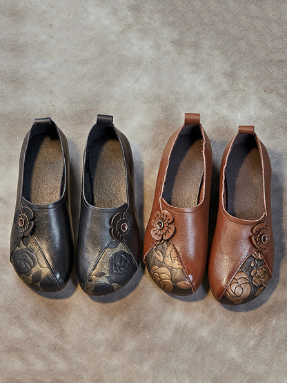 Women Retro Flower Leather Spliced Low Heel Shoes