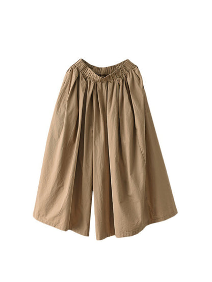 Plus Size Women Summer Solid Pleat Button Pocket Wide-leg Pants