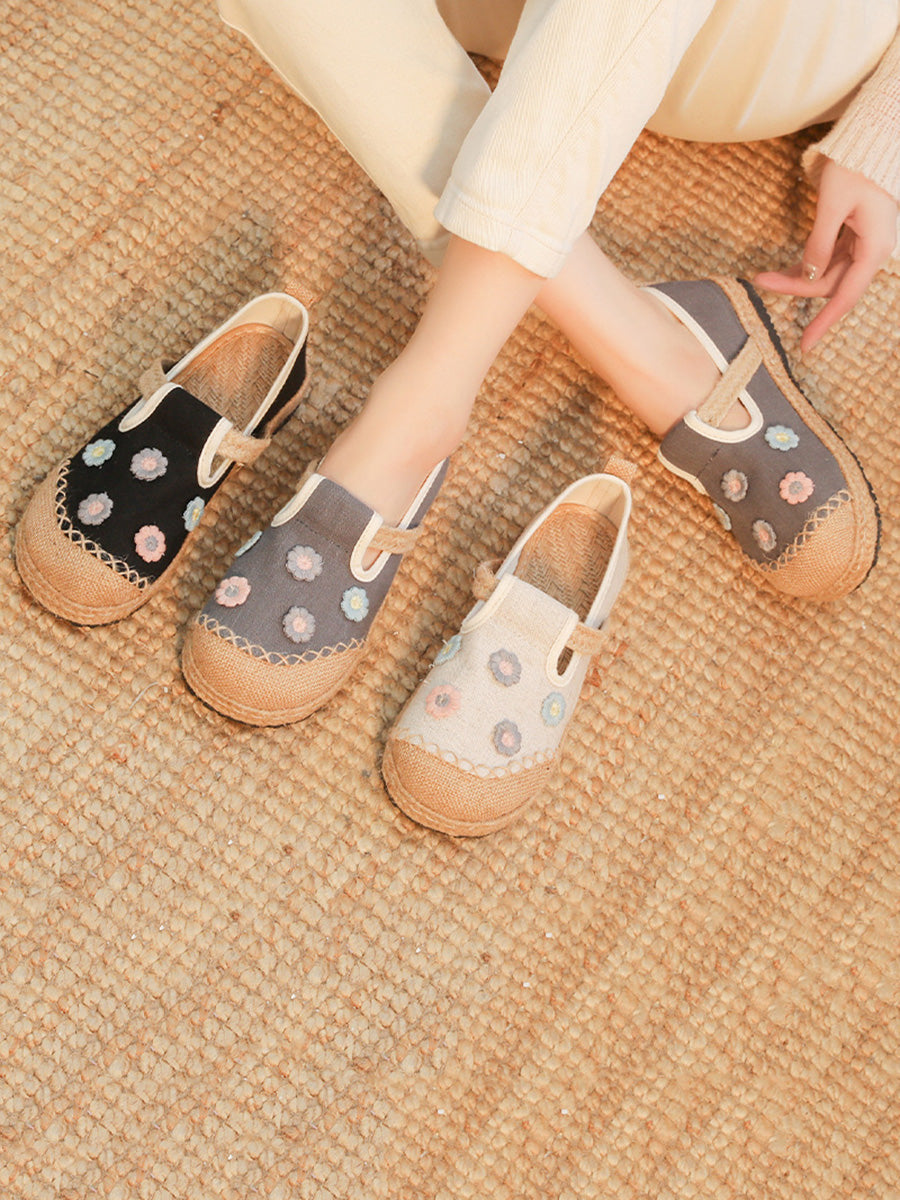 Women Artsy Summer Flower Embroidery Linen Shoes