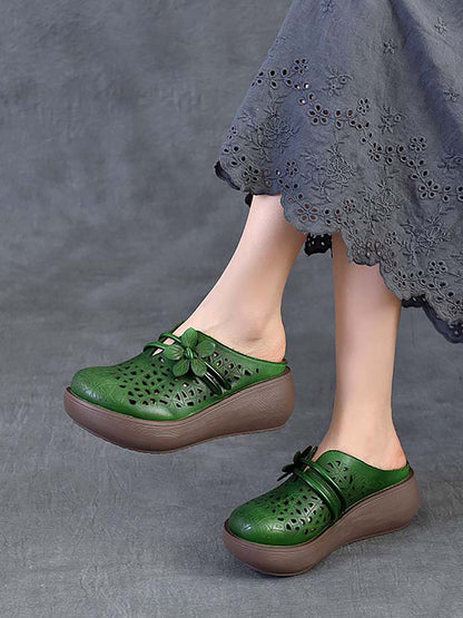 Women Ethnic Leather Flower Hollow Out Platform Slippers
