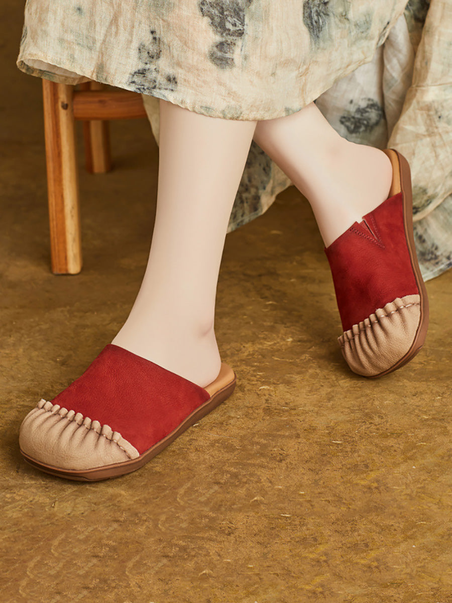 Women Casual Summer Pleated Genuine Leather Slippers
