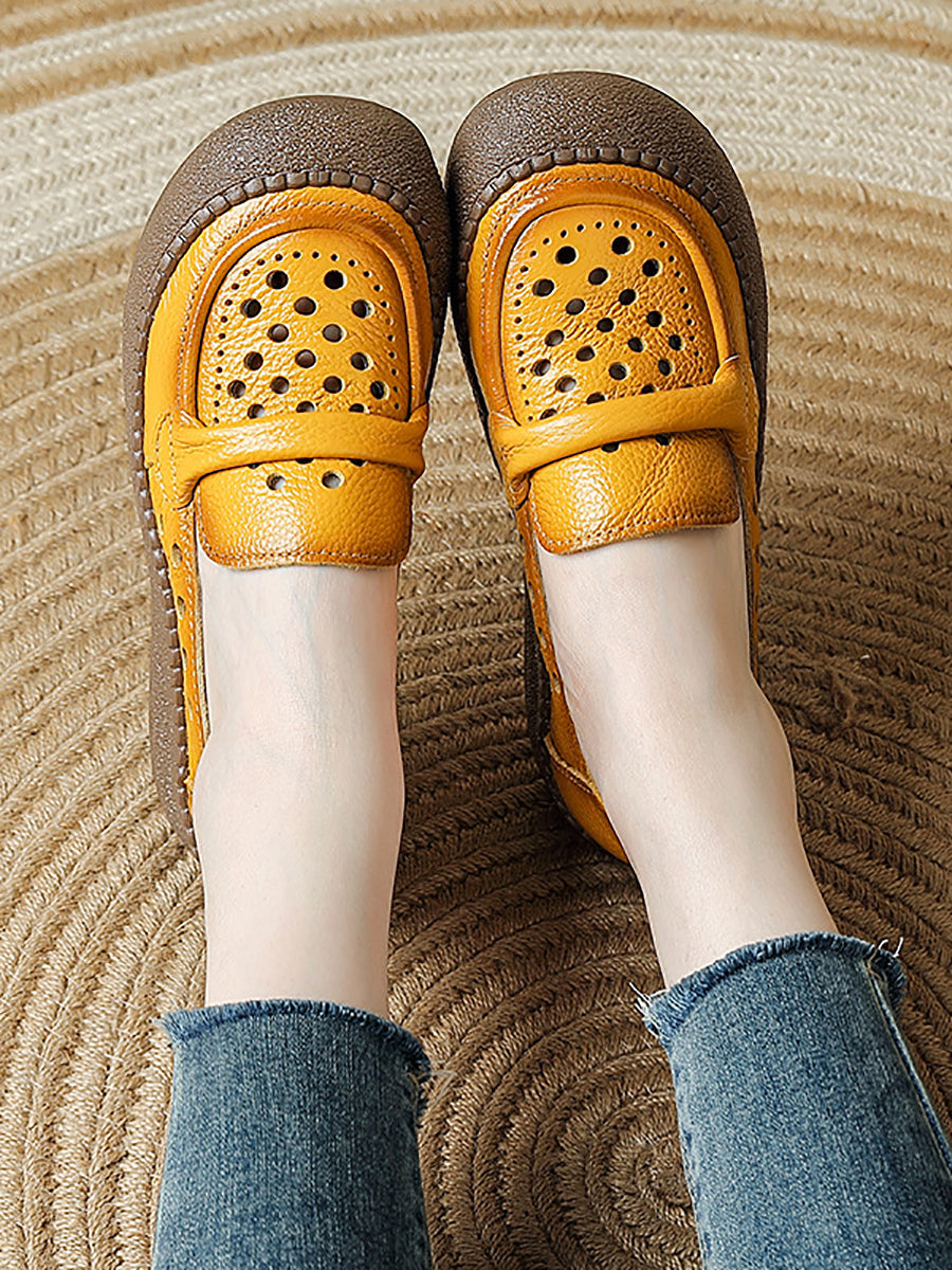 Women Summer Leather Hollow Out Flat Shoes