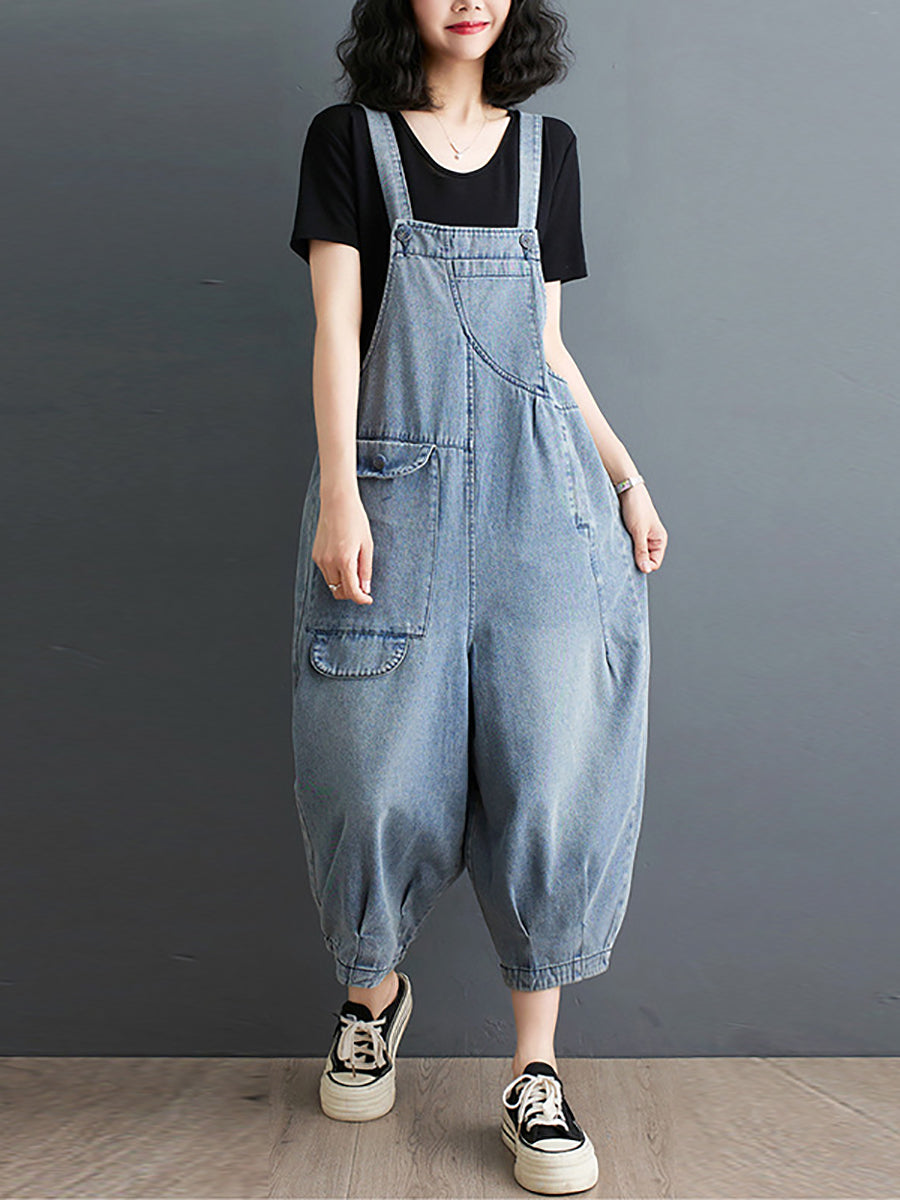Plus Size Women Summer Solid Casual Loose Denim Jumpsuits
