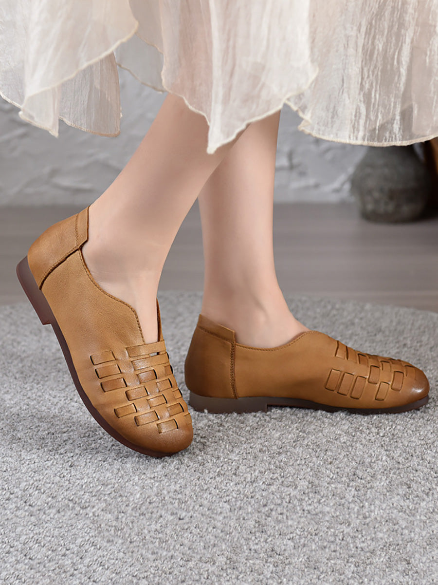 Women Vintage Genuine Leather Weave Low Heel Shoes