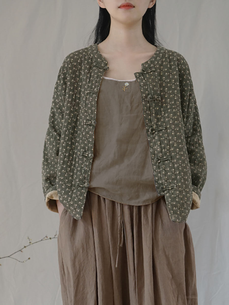 Plus Size Women Ethnic Autumn Floral Button-up Cotton Coat