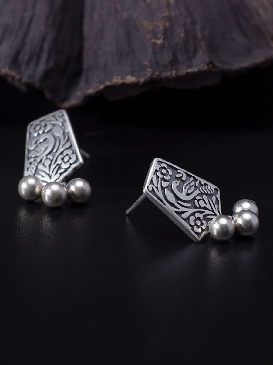 Women Vintage Silver Carve Bead Pendant Earrings