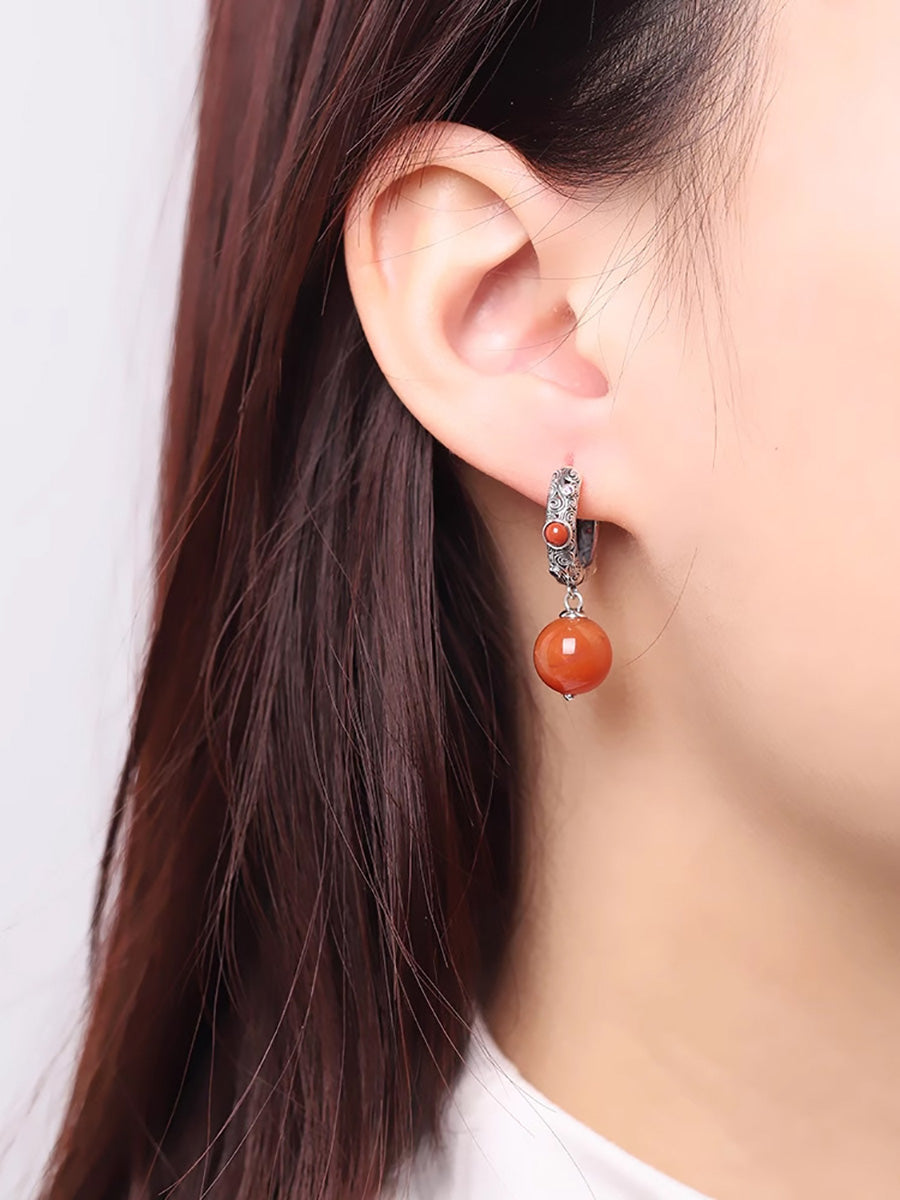 Vintage Red Agate Cooper-plating Silver Earrings