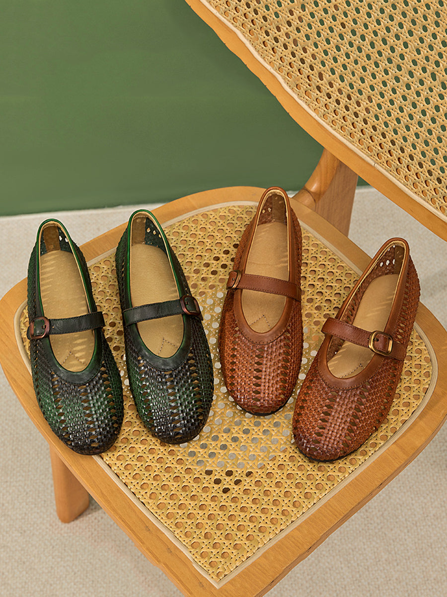 Women Vintage Leather Weave Low Heel Sandals