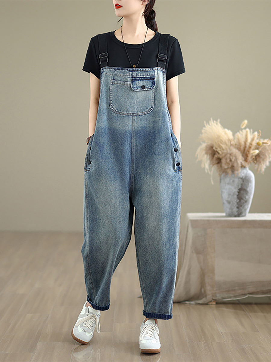 Women Summer Casual Pure Color Denim Loose Jumpsuits