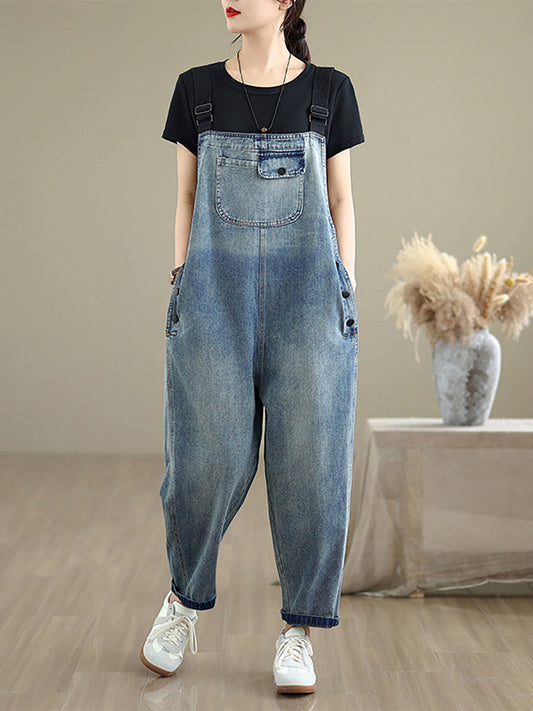 Women Summer Casual Pure Color Denim Loose Jumpsuits