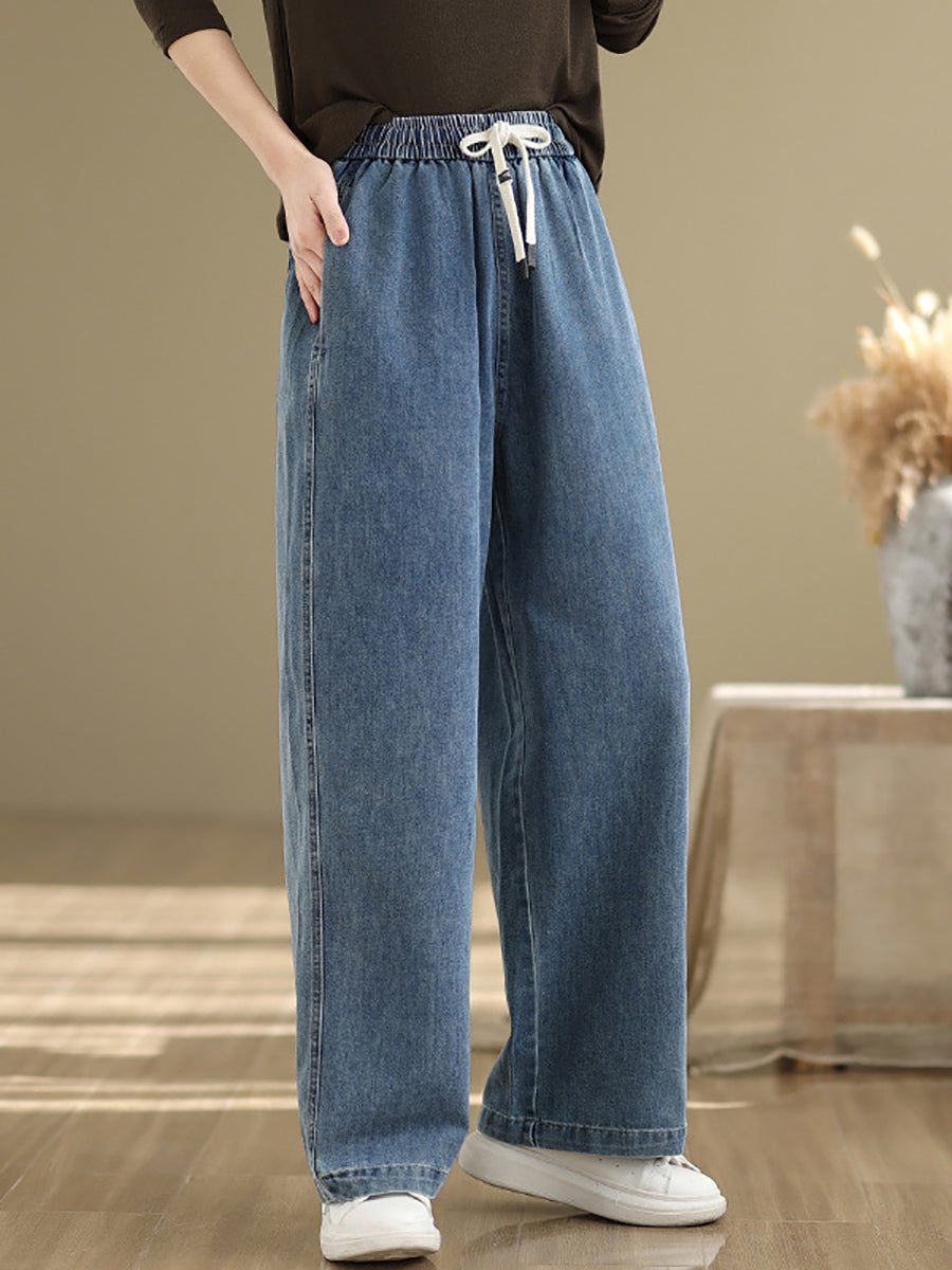 Plus Size Women Spring Casual Pure Color Denim Straight Pants