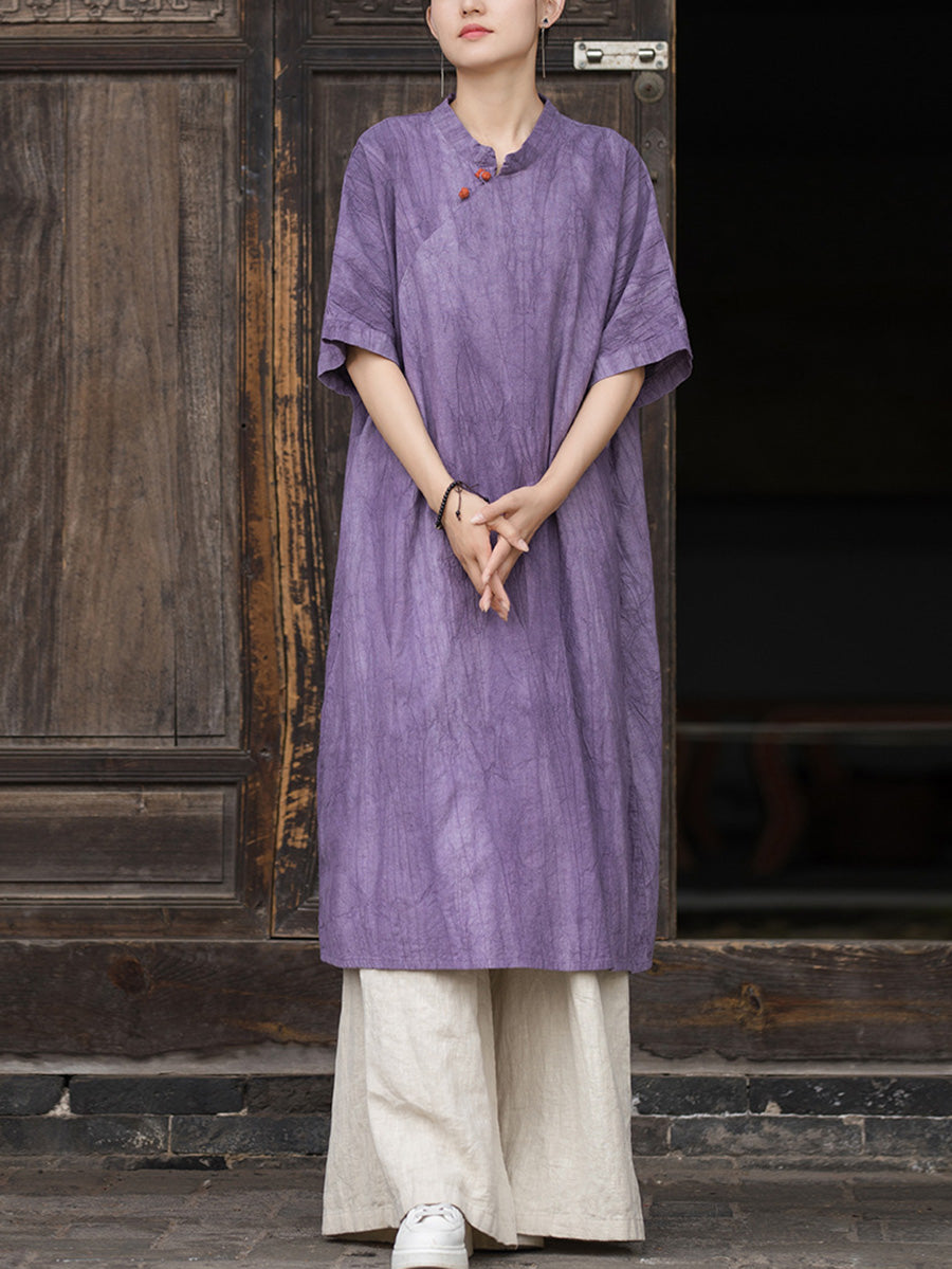 Women Summer Artsy Tie-dye Stand Collar Ramie Dress