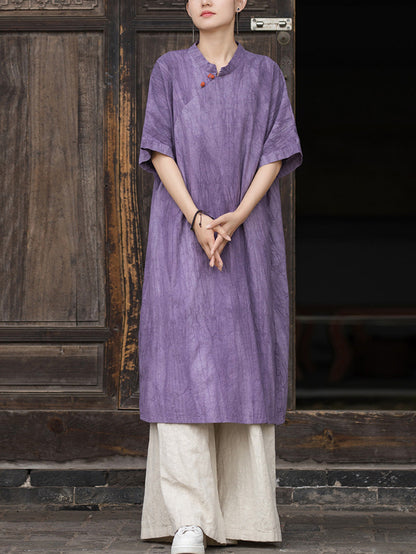 Women Summer Artsy Tie-dye Stand Collar Ramie Dress
