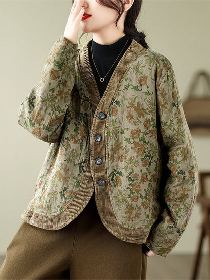 Plus Size Women Retro Floral Spliced V-Neck Padded Jacket