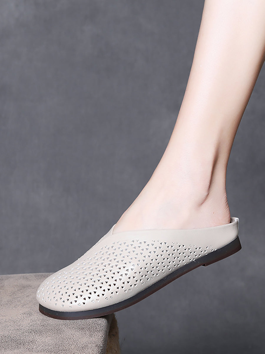Women Summer Vintage Hollow Out Leather Flat Slippers