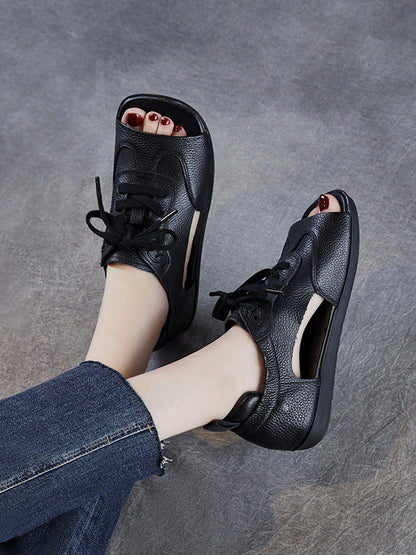 Women Summer Genuine Leather Open Toe Flat Sandals