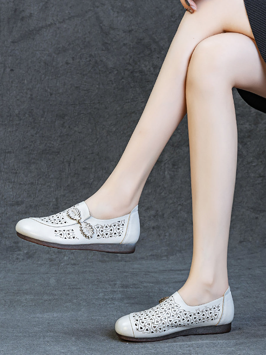Women Summer Genuine Leather Hollow Out Low Heel Shoes