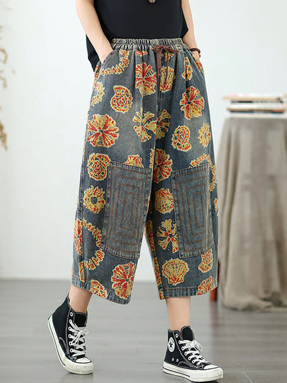 Women Retro Flower Denim Straight Capri Pants