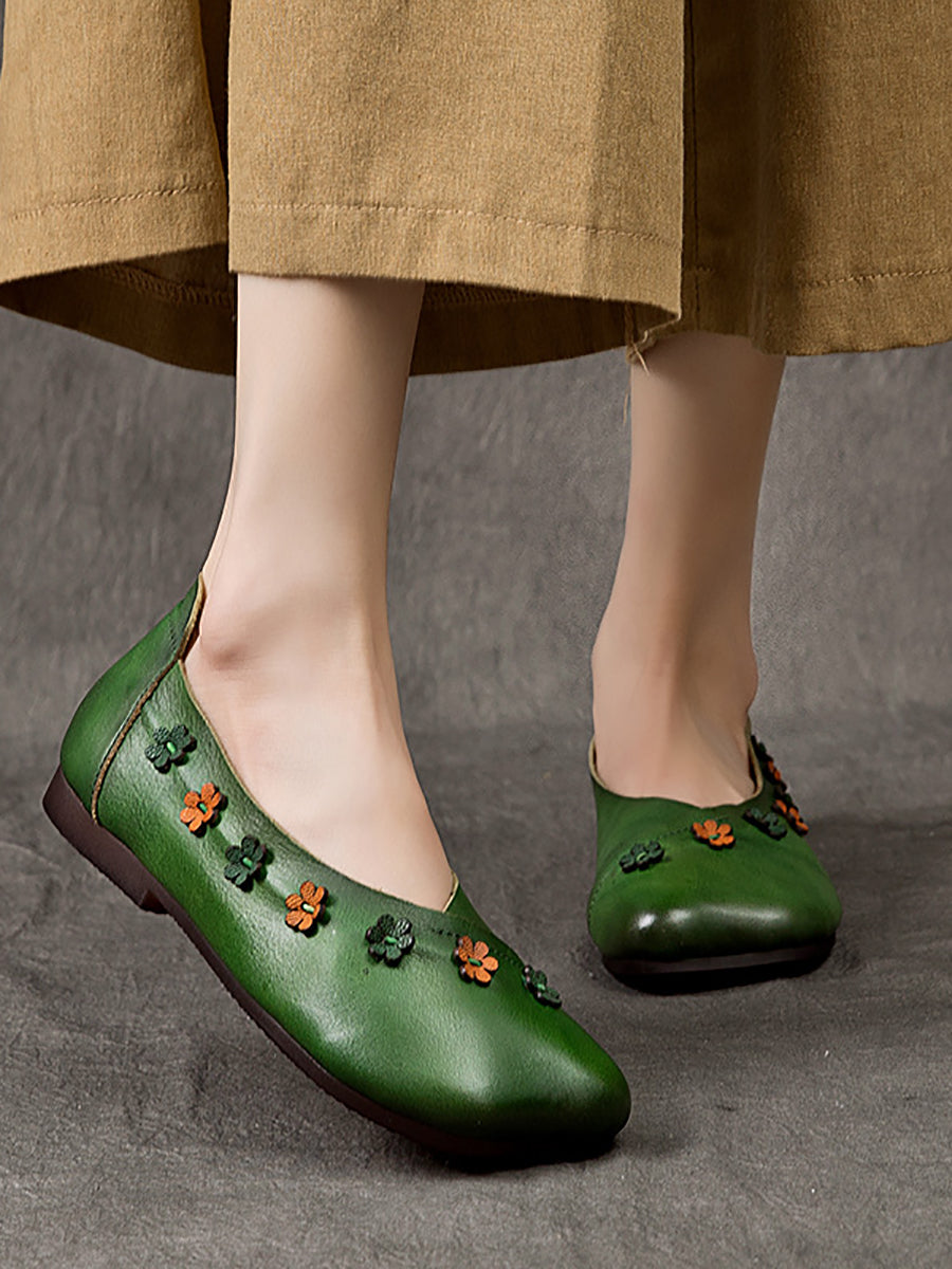 Women Vintage Summer Leather Flower Spliced Flat Shoes