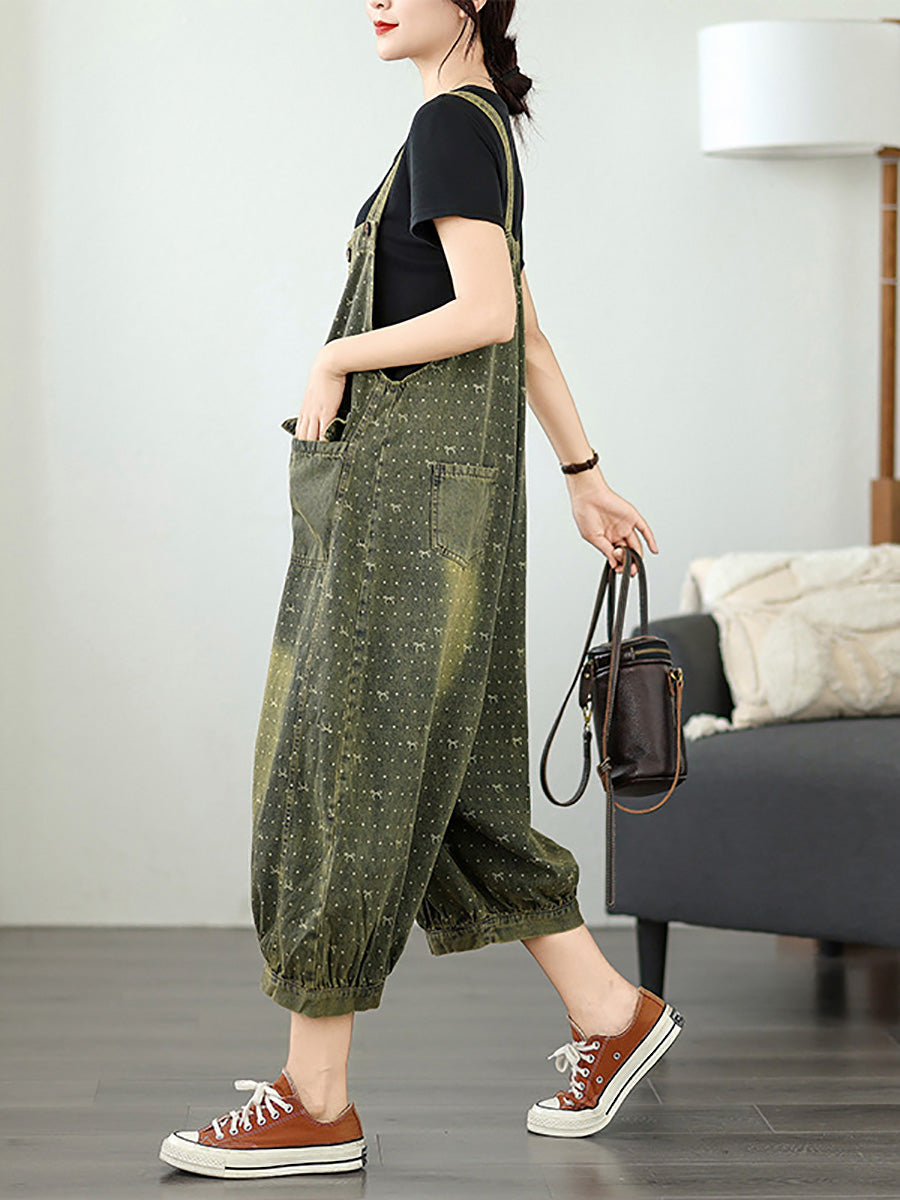 Women Summer Retro Print Denim Cropped Jumpsuits