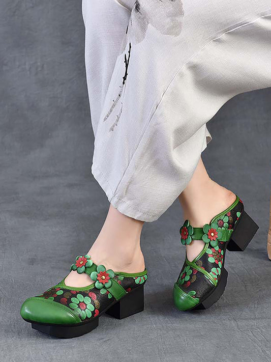 Women Fashion Flower Leather Platform Slippers