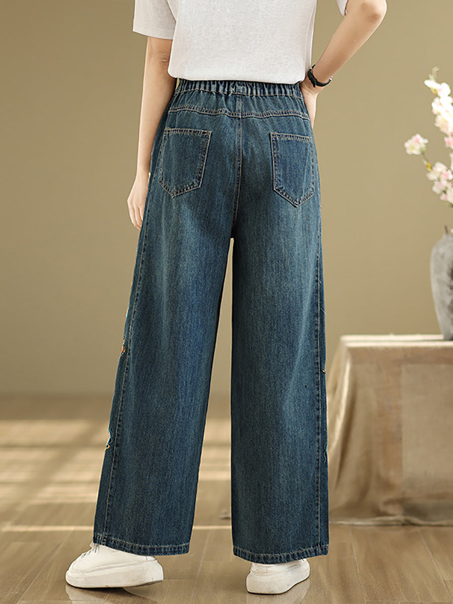 Women Retro Embroidery Denim Wide-leg Pants