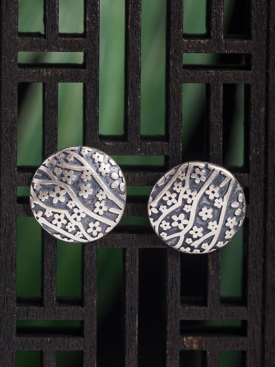 Women Vintage Silver Flower Carve Round Earrings