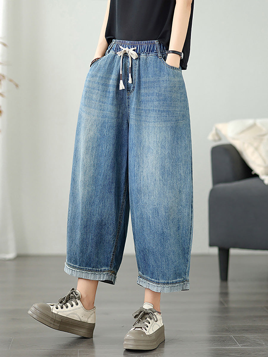 Women Casual Summer Pure Color Denim Wide-leg Pants